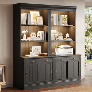 English Elm 83.4"tall Two-piece Bookcase Suite with Led Shelves Tempered Glass Doors Matte Black N751S059621B