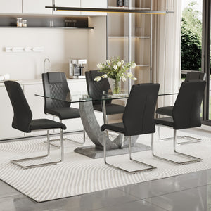 Hearth and Haven 1 Table and 6 Chairs Set.Large Rectangular Table, Equipped with 0.39-Inch Tempered Glass Table Top and Mdf Table Legs.Paired with 6 Chairs with Faux Leather Padded Seats and Metal Legs.F-907, C-001 W1151S00977 W1151S00977