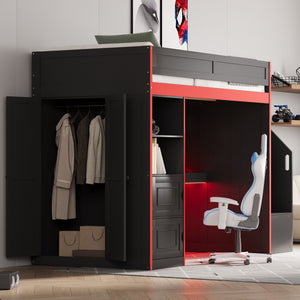 English Elm Gaming Twin Loft Bed with Led Desk Storage Locker and Bold Black Red Finish N709P004102J