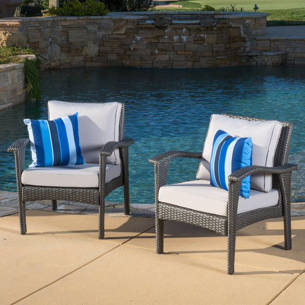 English Elm Christopher Knight Home® - HONOLULU Woven Rattan Club Chair Set — Durable PE Rattan & Iron Frame, Waterproof Fabric, Cozy Seating Grey+Silver 52918.00GRYMP2