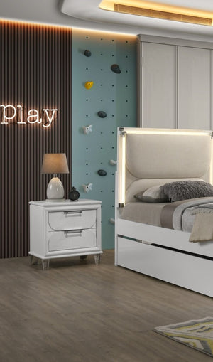 English Elm Contemporary Glam Nightstand with Acrylic Handles and Embossed Panels, Felt-Lined Drawer, Dovetailed Craftsmanship White 26 L x 20 W x 25 H B2741P353118