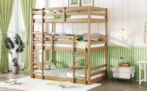 English Elm Triple Rubber Wood Bunk Bed with Built-In Ladders and Guardrails Maximizes Space for Families, Durable Design White Oak W504S00176