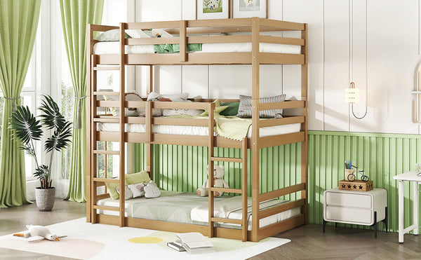 English Elm Triple Rubber Wood Bunk Bed with Built-In Ladders and Guardrails Maximizes Space for Families, Durable Design White Oak W504S00176