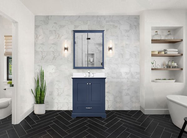 English Elm Navy Single Bath Vanity 30" W x 22" D with Cultured Marble Top, Soft-Close Drawer, Scratch-Resist B2731P258322