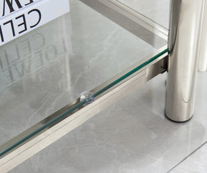 English Elm 20 Inch Square End Table, Modern Silver Stainless Steel & Glass Design With Storage For Home & Office W2978S00008