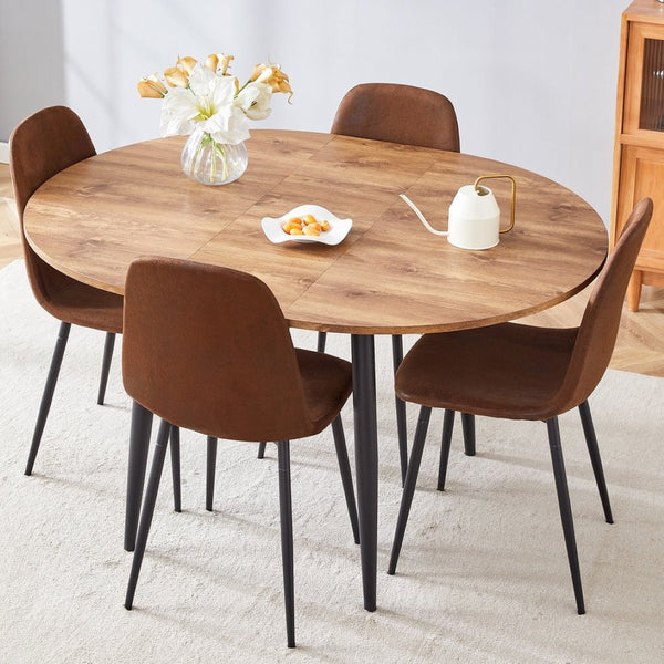 English Elm Table And Chair Set - Modern Extendable Round-To-Oval Dining Table With 4 Plush Suede Chairs For Comfort W1151S04100-GIGA