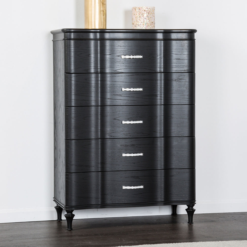English Elm Glamorous Black 36"W Curved Front Chest with Crystal Acrylic Handles, Turned Legs & Felt Lined Drawer B2741P372231