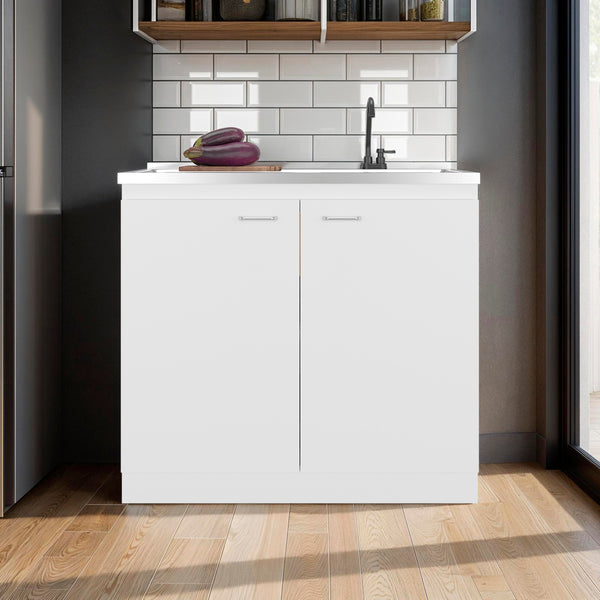 English Elm White Melamine Utility Sink Cabinet with Open Shelving for Laundry and Mudroom B062S01853