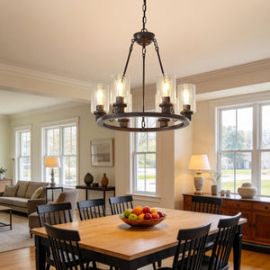 English Elm 23.62'' Farmhouse Wagon Wheel Chandelier Six Seeded Glass Shades Brown Metal Finish W5008P468517