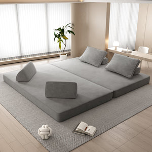 English Elm 86.6"Multifunctional Folding Sofa Bed with Chaise, Fluffy Chenille, Removable Backs & Pillows, Deep Seat Lounge LIGHT GREY W3219P340666