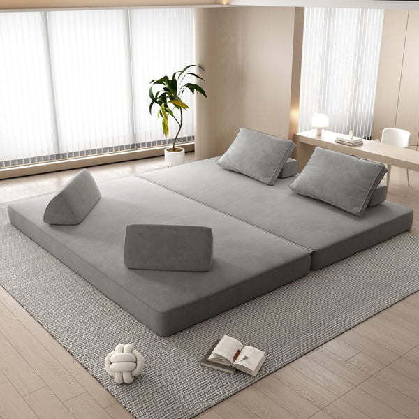 English Elm 86.6"Multifunctional Folding Sofa Bed with Chaise, Fluffy Chenille, Removable Backs & Pillows, Deep Seat Lounge LIGHT GREY W3219P340666