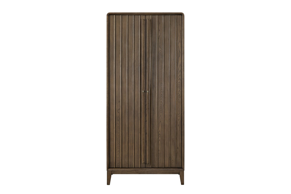 English Elm Armoire Latte Solid Wood+MDF Wardrobe with 2 Cedar-Lined Drawers, 4 Shelves, Rod & 5 Hooks, Mid-Brown Finish B2699P346314