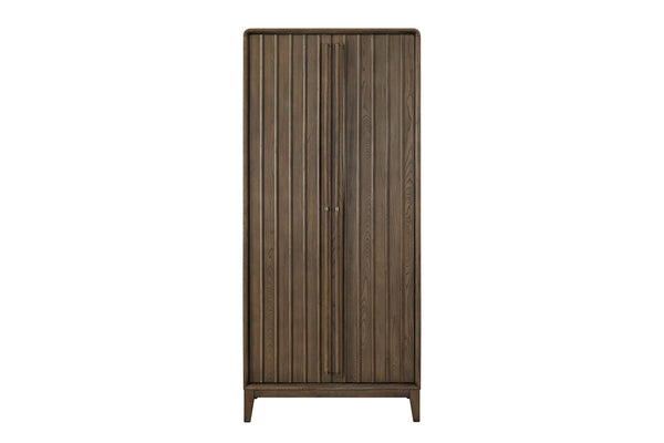 English Elm Armoire Latte Solid Wood+MDF Wardrobe with 2 Cedar-Lined Drawers, 4 Shelves, Rod & 5 Hooks, Mid-Brown Finish B2699P346314