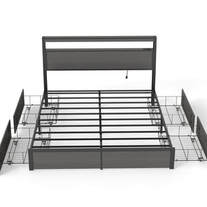 English Elm Queen Metal Platform Bed with Rgb Led Headboard Charging Station and Underbed Storage T3963P483012