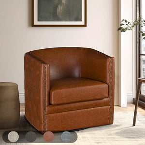 English Elm Capstone Tufted Barrel Swivel Chair with Brown Faux Leather, Bronze Nailhead Accents & Foam Comfort B035118605