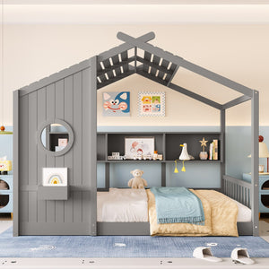 English Elm Full House Floor Bed with Roof Playhouse Design, Montessori Style with Rear Storage Shelf, Sturdy Pine Gray 78.5 L x 16.35 W x 8 H N733P335068E