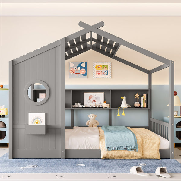 English Elm Full House Floor Bed with Roof Playhouse Design, Montessori Style with Rear Storage Shelf, Sturdy Pine Gray 78.5 L x 16.35 W x 8 H N733P335068E
