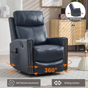 English Elm Blue Genuine Leather Rocker Swivel Recliner with Massage Heat for Living Room W1803P323714