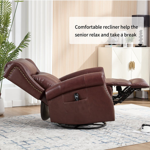 English Elm Heat Massage Rocker Swivel Recliner Genuine Leather Chair with Lumbar Vibration Nodes W3224S00014