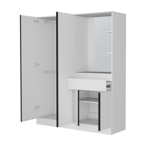 English Elm CaneMulti-Functional Wardrobe & Vanity with Mirror, Hanging Rod, Shelves, Drawer — Space-Saving White B128S00179