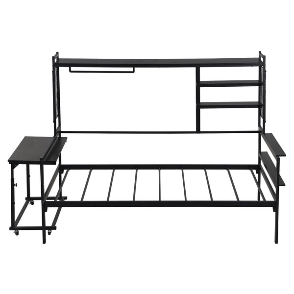 English Elm Twin Metal Daybed With Movable Desk, Shelves, Clothes Hanger & Industrial Design For Small Spaces N737P199195B-GIGA