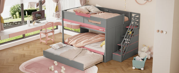 English Elm House-shaped Pine Bunk Bed with Built-in Slide Storage Staircase Twin Over Full Kids Frame Gray N820S00067E