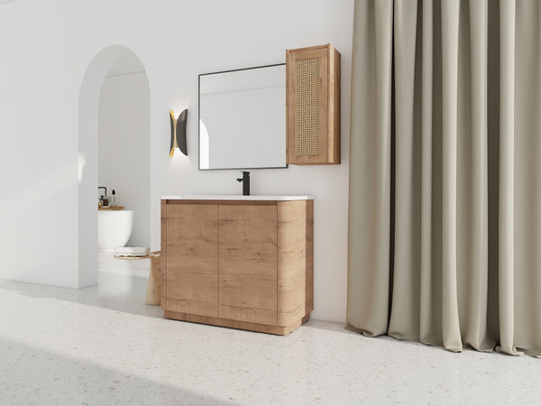 English Elm 40'' Freestanding Bathroom Vanity With Ceramic Sink, Soft-Close Doors & Side Cabinet For Stylish Storage W999S00404
