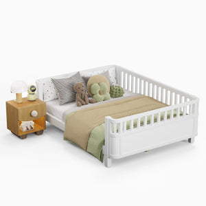 English Elm Twin Low Profile Pine Wood Kids Bed with Safety Rails and Fence Style Headboard W2593P367052