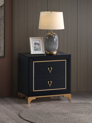 English Elm Kramer Two-drawer Nightstand Black Laminate Body Sculptural Gold Base Glam Bedside B078P497920