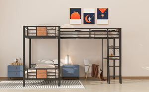 English Elm L-Shaped Twin Over Twin Bunk Bed with Loft Desk & Shelves, Brown Metal+MDF, Sturdy Sleep Solution GX001110AAD