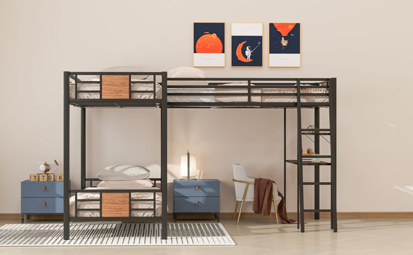 English Elm L-Shaped Twin Over Twin Bunk Bed with Loft Desk & Shelves, Brown Metal+MDF, Sturdy Sleep Solution GX001110AAD