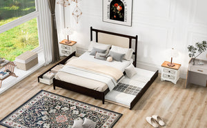 English Elm Queen Size Wooden Rattan Platform Bed With Spacious Storage Drawers & Twin Trundle In Espresso Finish N820S00002P-GIGA