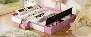 English Elm King Velvet Kids Platform Bed with Padded Guardrails Staircase and Storage Ottoman Pink+White SF000204AAH