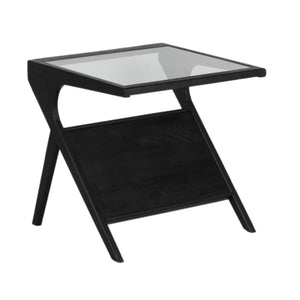 Porter Designs Porter Canberra End Table - Contemporary Black Sandblasted Mango Wood With Elegant Glass Top Display Black Wood 05-108-07-9487