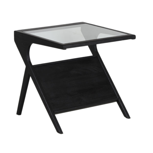 Porter Designs Porter Canberra End Table - Contemporary Black Sandblasted Mango Wood With Elegant Glass Top Display Black Wood 05-108-07-9487