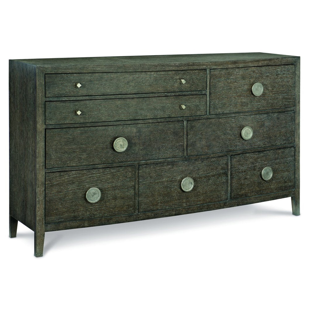 Bernhardt Bernhardt Linea Dresser In Cerused Charcoal — Bow‑Front Rustic Modern 8-Drawer With Jewelry‑Like Hardware 384054B