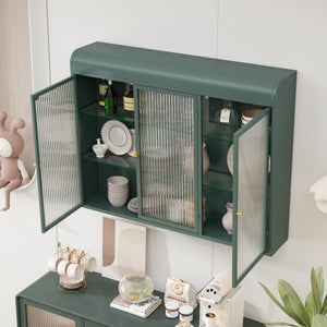 English Elm 3 Door Arched Wall Mounted Glass Cabinet with Wide Top Narrow Bottom Design for Stylish Storage and Display Dark Green W757P221504
