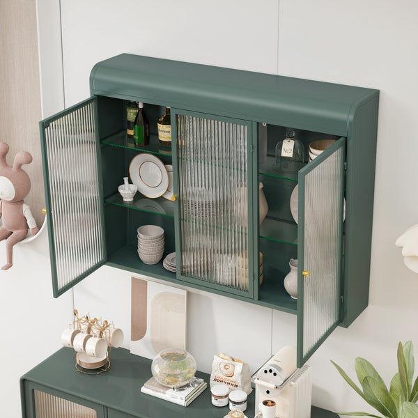 English Elm 3 Door Arched Wall Mounted Glass Cabinet with Wide Top Narrow Bottom Design for Stylish Storage and Display Dark Green W757P221504