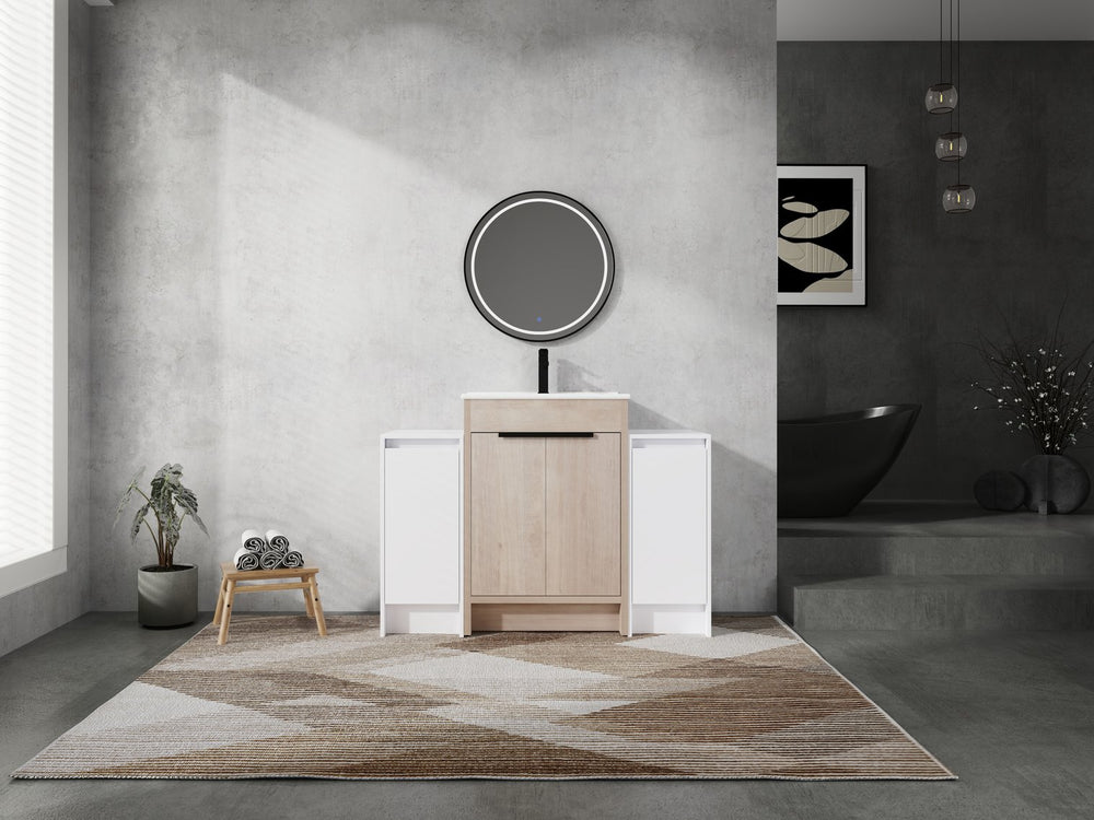 English Elm 48 Inch Freestanding Bathroom Vanity With Ceramic Sink, Adjustable Shelves & Soft-Close Doors W999S00312
