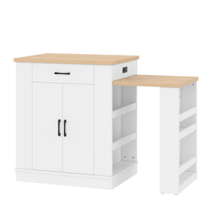 English Elm Extendable Kitchen Island with Storage Drawers Open Shelving and Cabinet in White W1580S00273