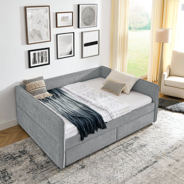 English Elm Daybed With Trundle - Stylish Upholstered Queen Sofa Bed In Grey Boucle With Storage Drawers W1413S00073