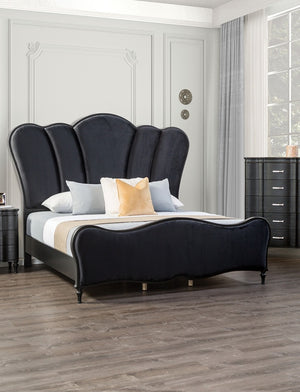 English Elm Glam Art Deco Queen Bed with Padded Scallop Channel Headboard, Light Gray Upholstery, Turned Wood Legs Black 80 L x 53 W x 6 H B2741S00197