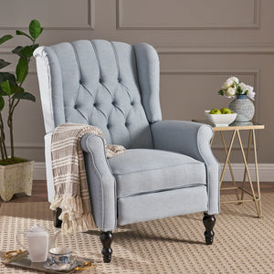 English Elm Charcoal Wingback Pushback Recliner with Button Tufted Diamond Fabric Upholstery Light Blue N763P410529H