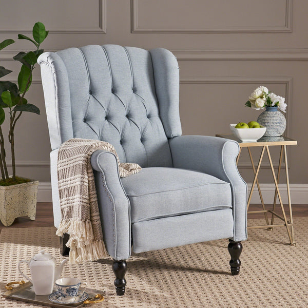 English Elm Charcoal Wingback Pushback Recliner with Button Tufted Diamond Fabric Upholstery Light Blue N763P410529H
