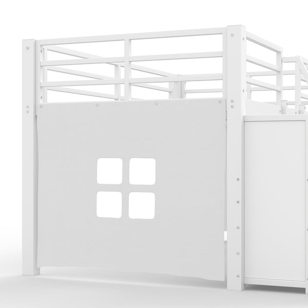 English Elm Twin Low Loft Bed with Shelves Fabric Drawers and Under Bed Study Nook Metal Frame Light White W5305S00042
