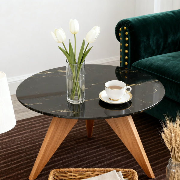 English Elm 28"inch Round Tempered Glass Tabletop Marble Print Polished Edge Indoor Outdoor Black W241P361470
