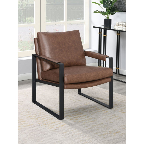 English Elm Starkston Gunmetal Frame Umber Brown Leatherette Accent Chair with Padded Arms, Angled Back & Sturdy Build B062P333400