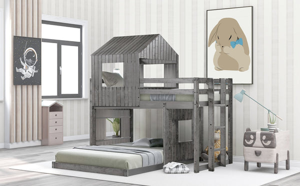 English Elm Wooden Twin Over Full Bunk Bed Farmhouse Playhouse Design with Ladder Guardrails LT000327AAE-1
