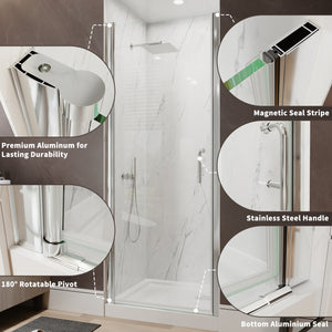 English Elm 30--32 in Frameless Pivot Shower Door Clear Tempered Glass Chrome Hardware Reversible W63777026