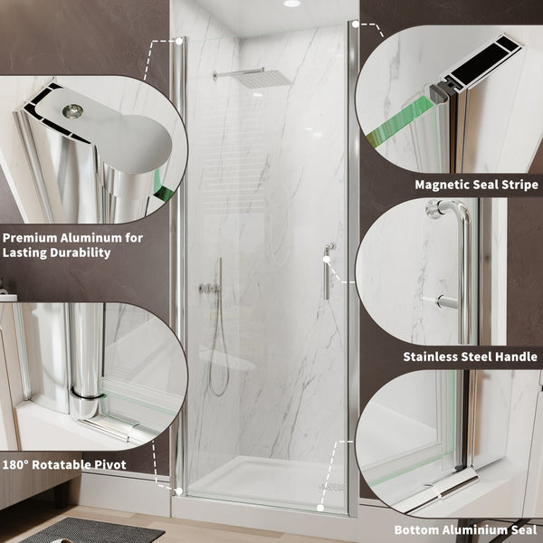 English Elm 30--32 in Frameless Pivot Shower Door Clear Tempered Glass Chrome Hardware Reversible W63777026